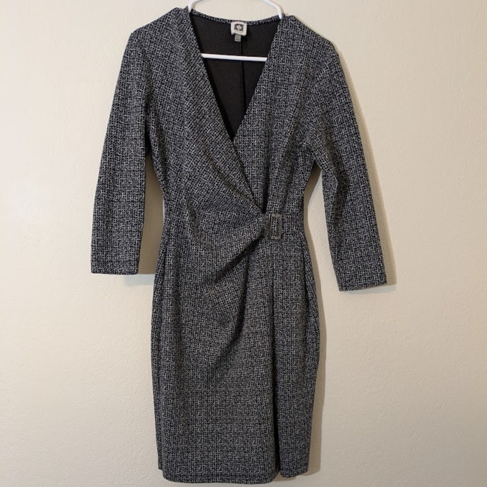 Anne Klein Dress Size 4 Faux Wrap Midi 3/4 Sleeve Black White Textured Knit